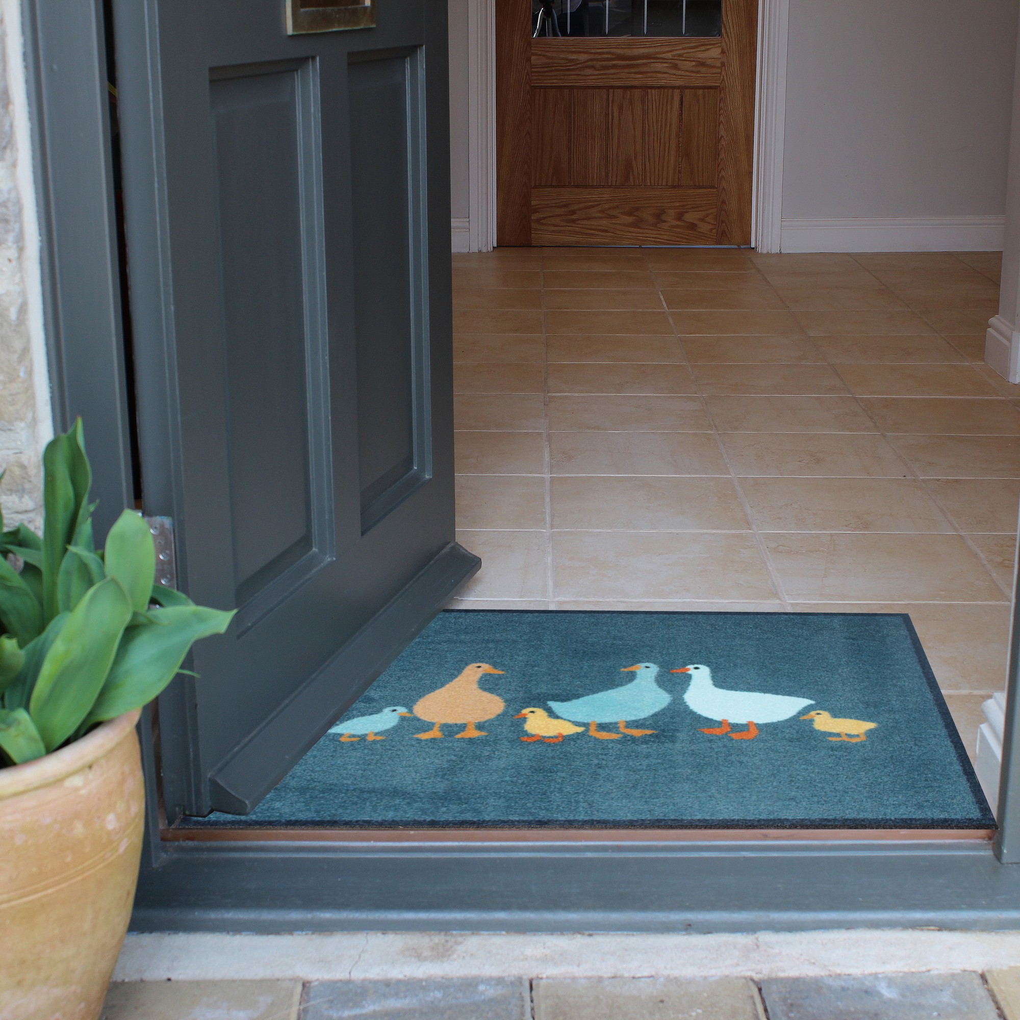 Goose Family Recycled Washable Doormat In French Navy Blue